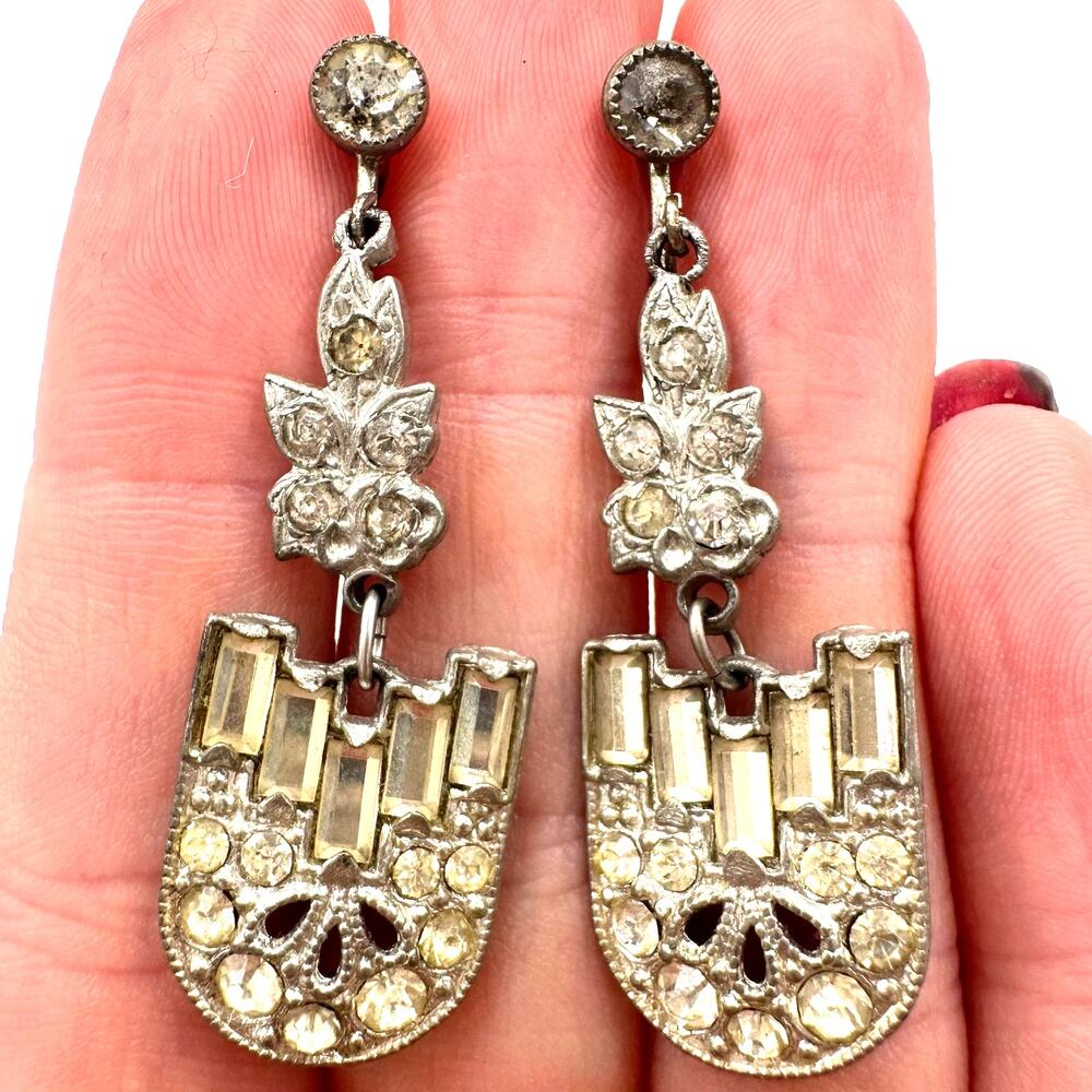 Antique Art Deco silver tone Czech glass rhinestones drop screw back earrings